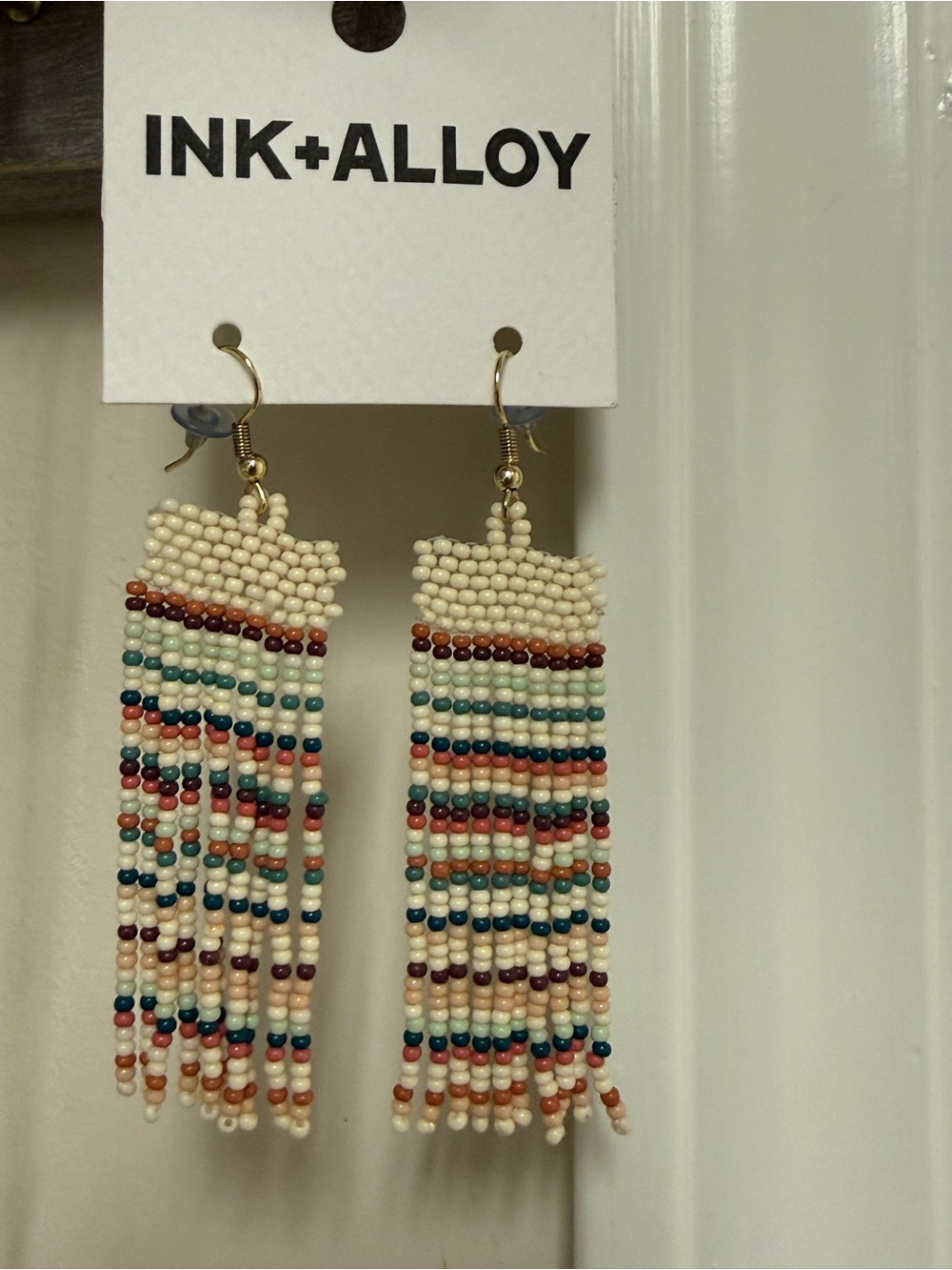 ALLOY Cream Beaded Fringe Earrings with Multicolor Stripes